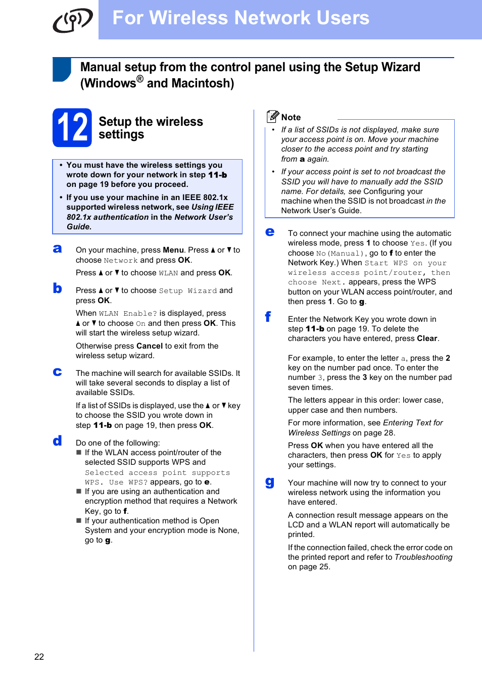 12 setup the wireless settings, For wireless network users, And macintosh) | Setup the wireless settings | Brother HL-S7000DN User Manual | Page 22 / 35