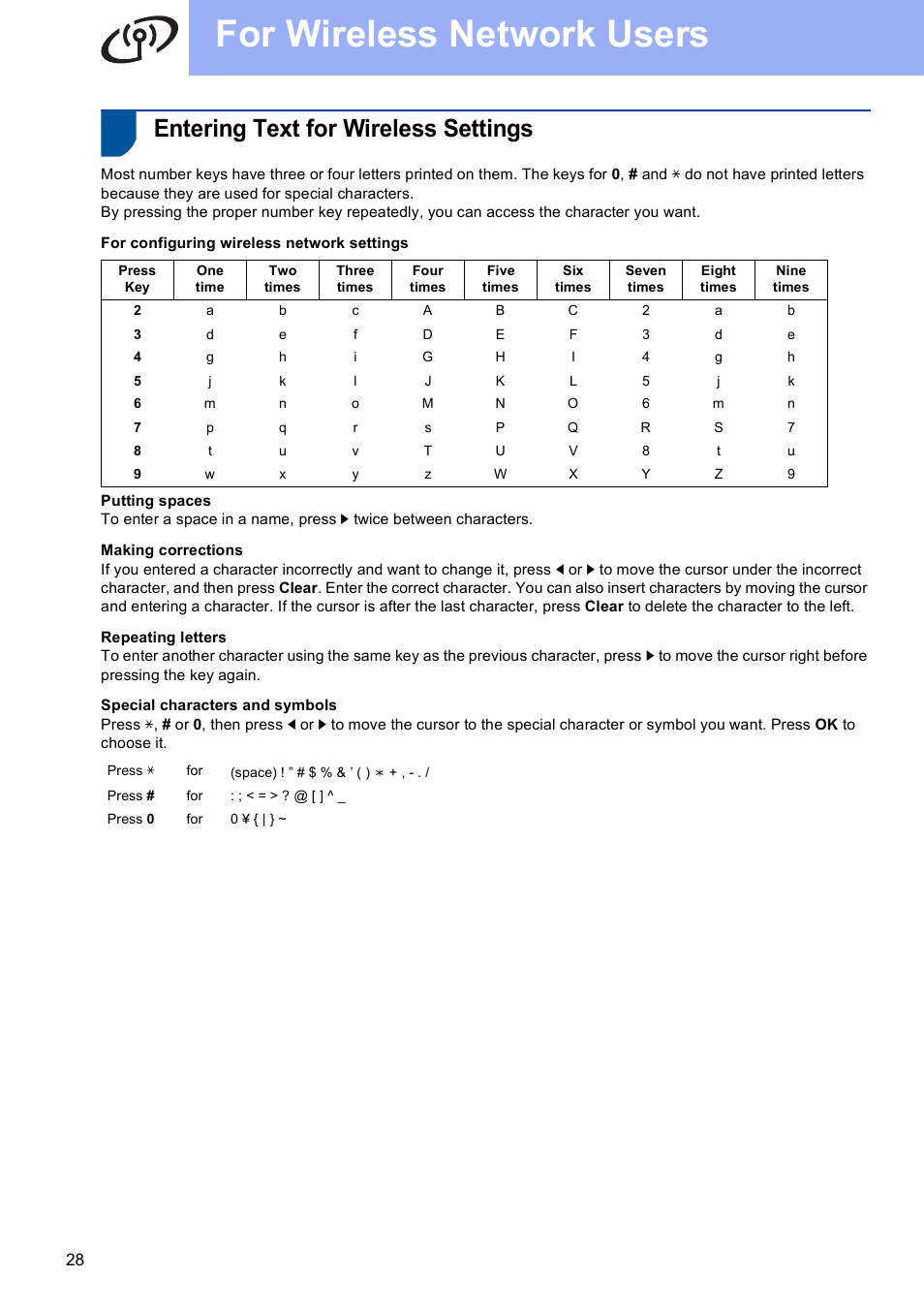 Entering text for wireless settings, For wireless network users | Brother HL-S7000DN User Manual | Page 28 / 35