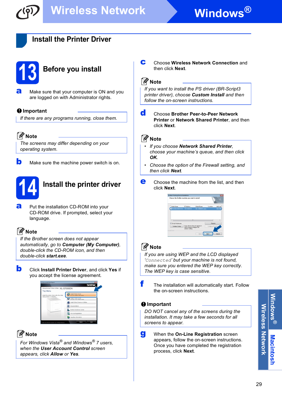 Install the printer driver (windows®), 13 before you install, 14 install the printer driver | Windows, Wireless network, Install the printer driver, Before you install | Brother HL-S7000DN User Manual | Page 29 / 35