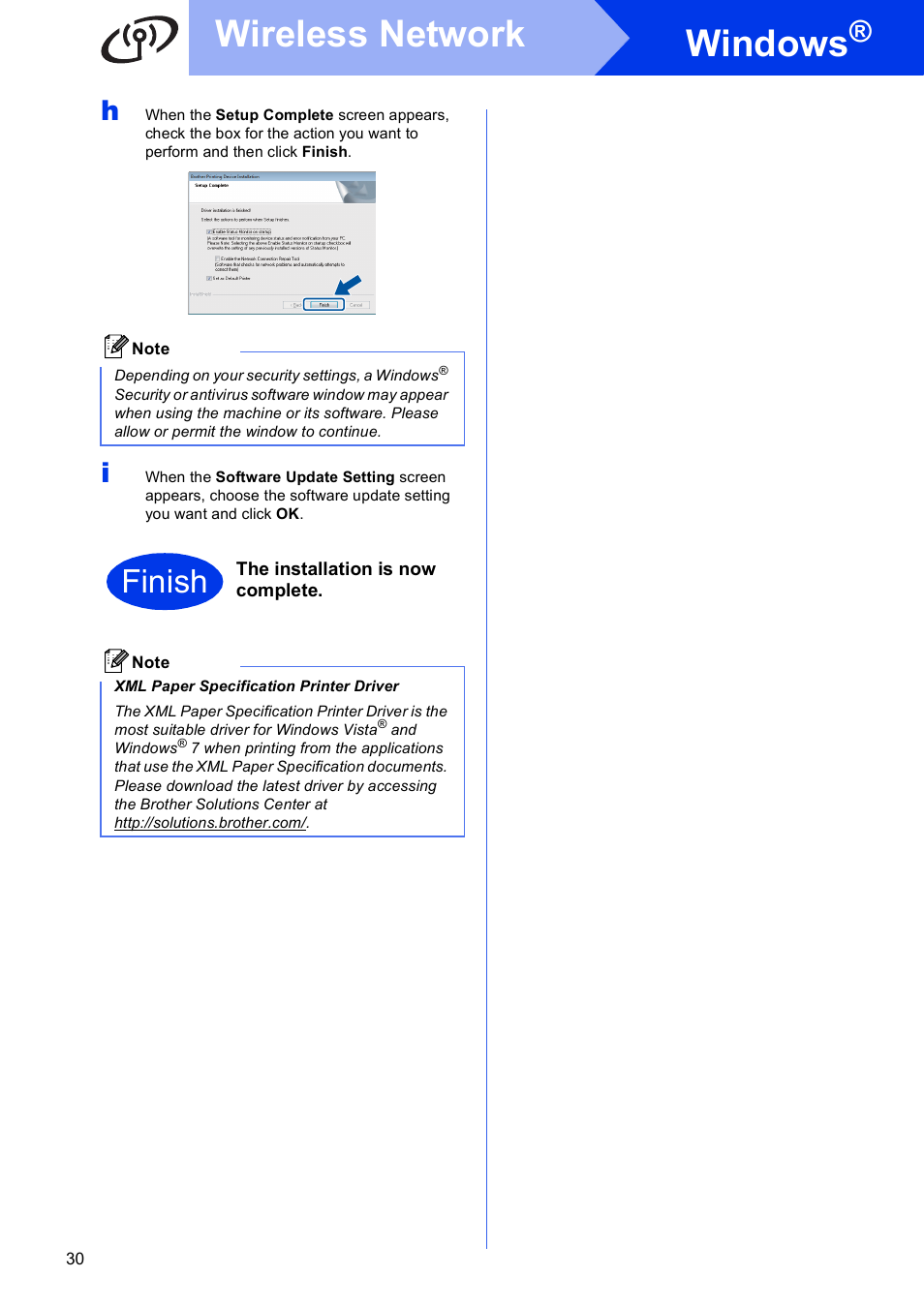 Windows, Wireless network, Finish | Brother HL-S7000DN User Manual | Page 30 / 35