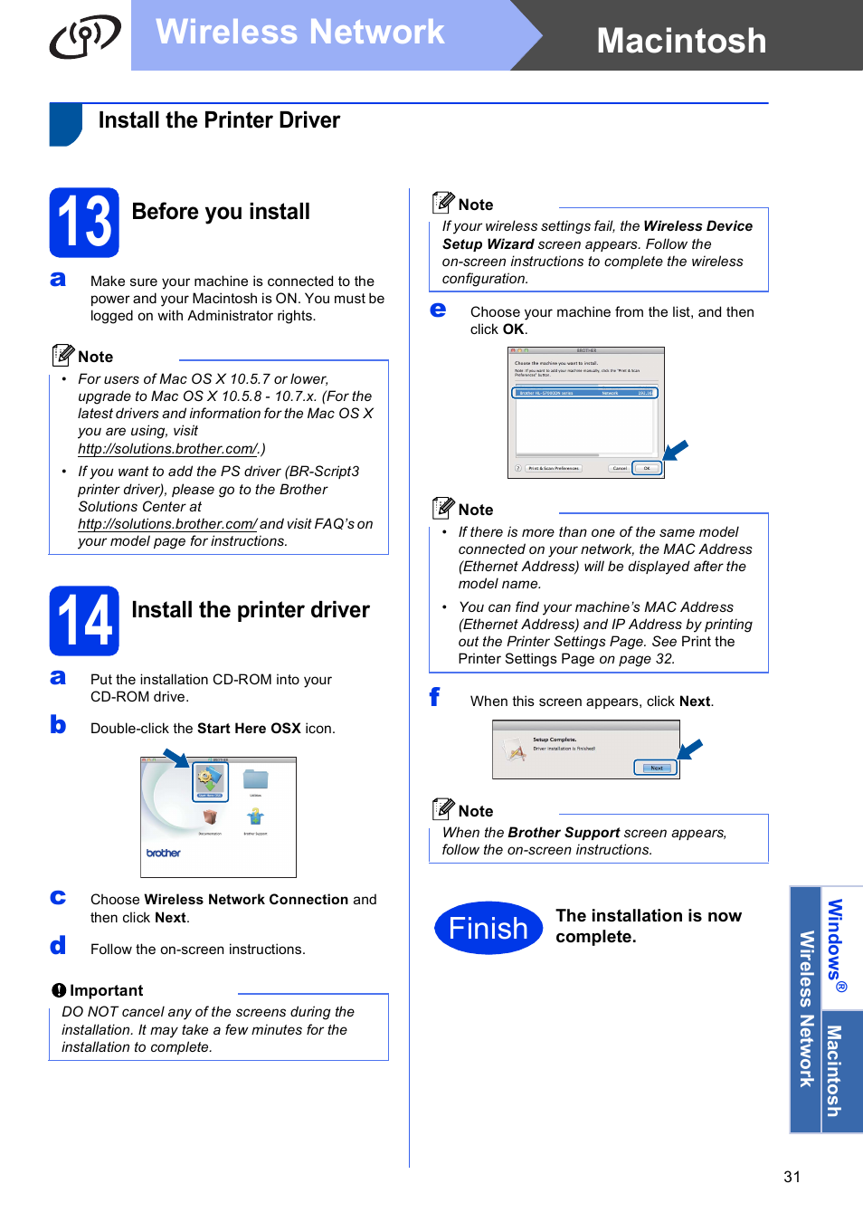 Install the printer driver (macintosh), 13 before you install, 14 install the printer driver | Macintosh wireless network, Finish | Brother HL-S7000DN User Manual | Page 31 / 35