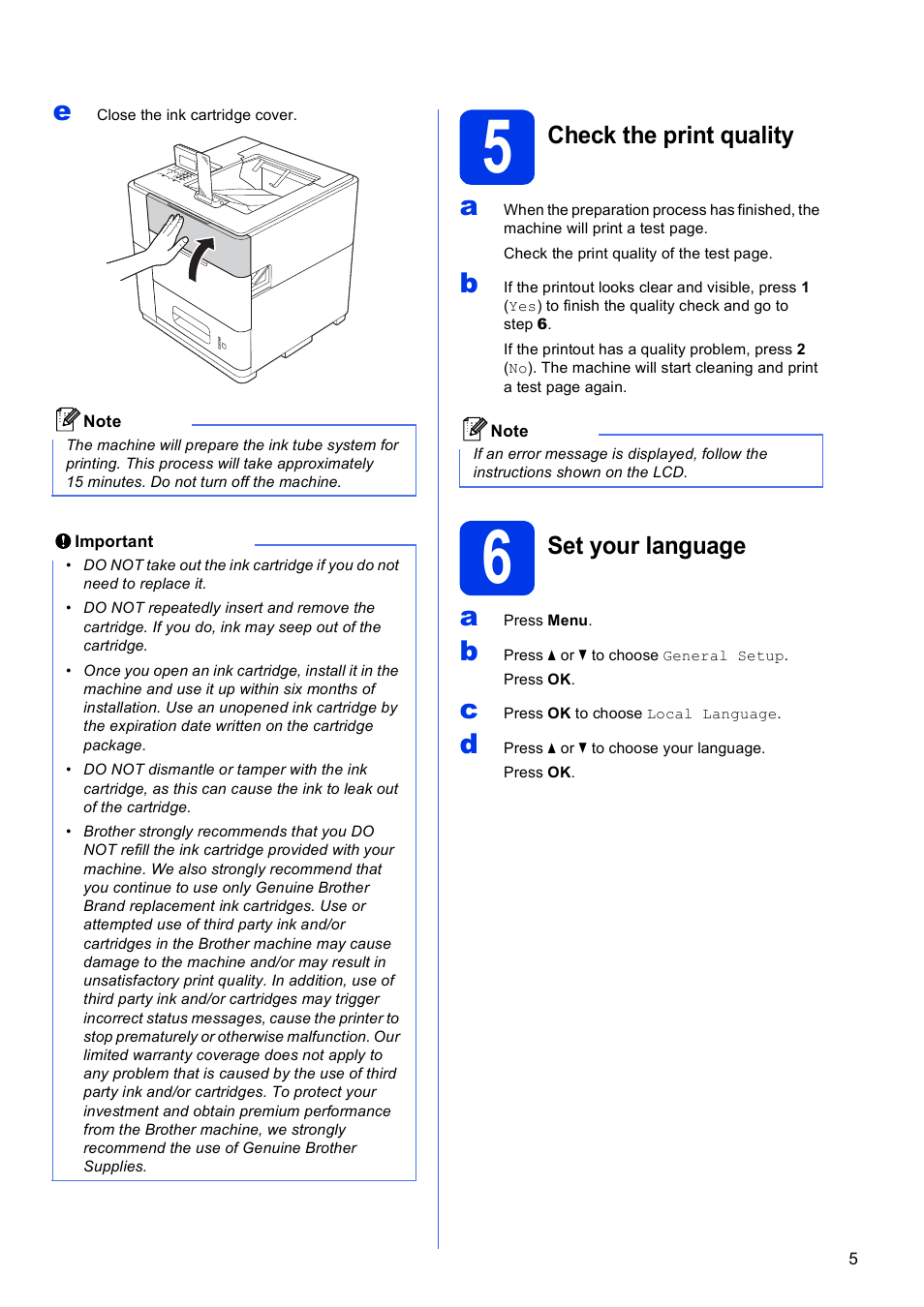 5 check the print quality, 6 set your language | Brother HL-S7000DN User Manual | Page 5 / 35