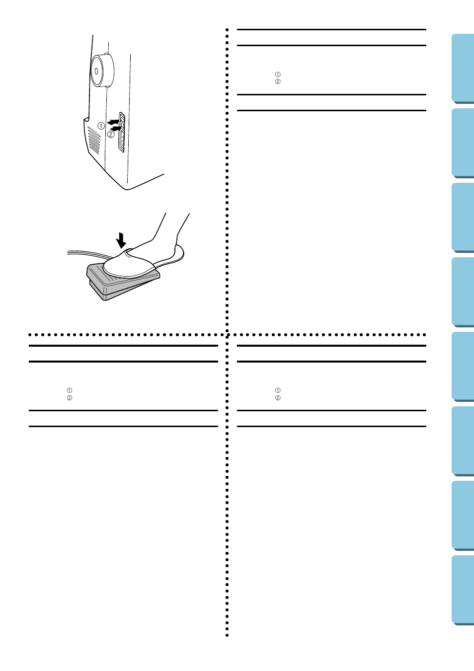 Main power and sewing light switches, Foot controller, Interruptor principal y de luz | Pedal, Interrupteur principal et de la lampe, Pédale | Brother XL-5130 5232 5340 User Manual | Page 14 / 77