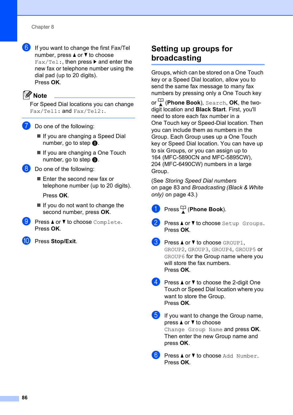 Setting up groups for broadcasting | Brother MFC-5895CW User Manual | Page 102 / 247