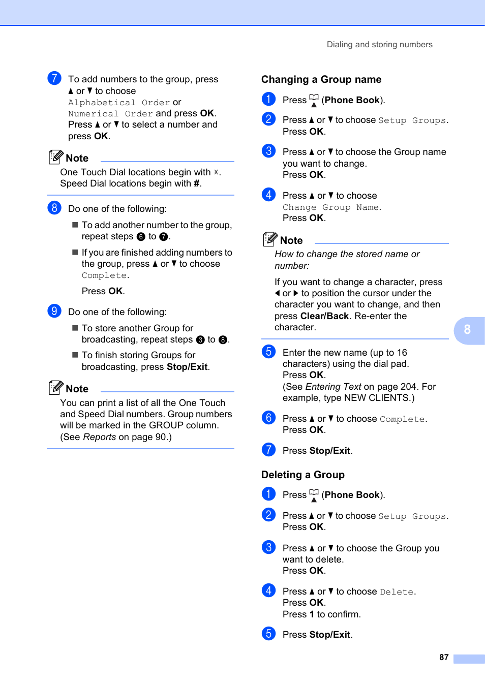 Changing a group name, Deleting a group | Brother MFC-5895CW User Manual | Page 103 / 247