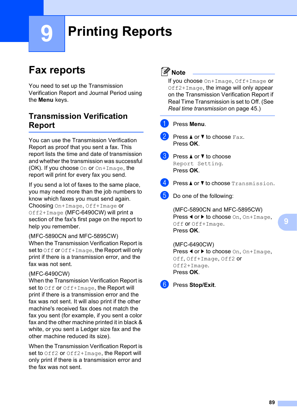 9 printing reports, Fax reports, Transmission verification report | Printing reports | Brother MFC-5895CW User Manual | Page 105 / 247