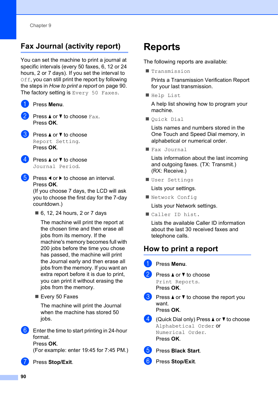 Fax journal (activity report), Reports, How to print a report | Brother MFC-5895CW User Manual | Page 106 / 247