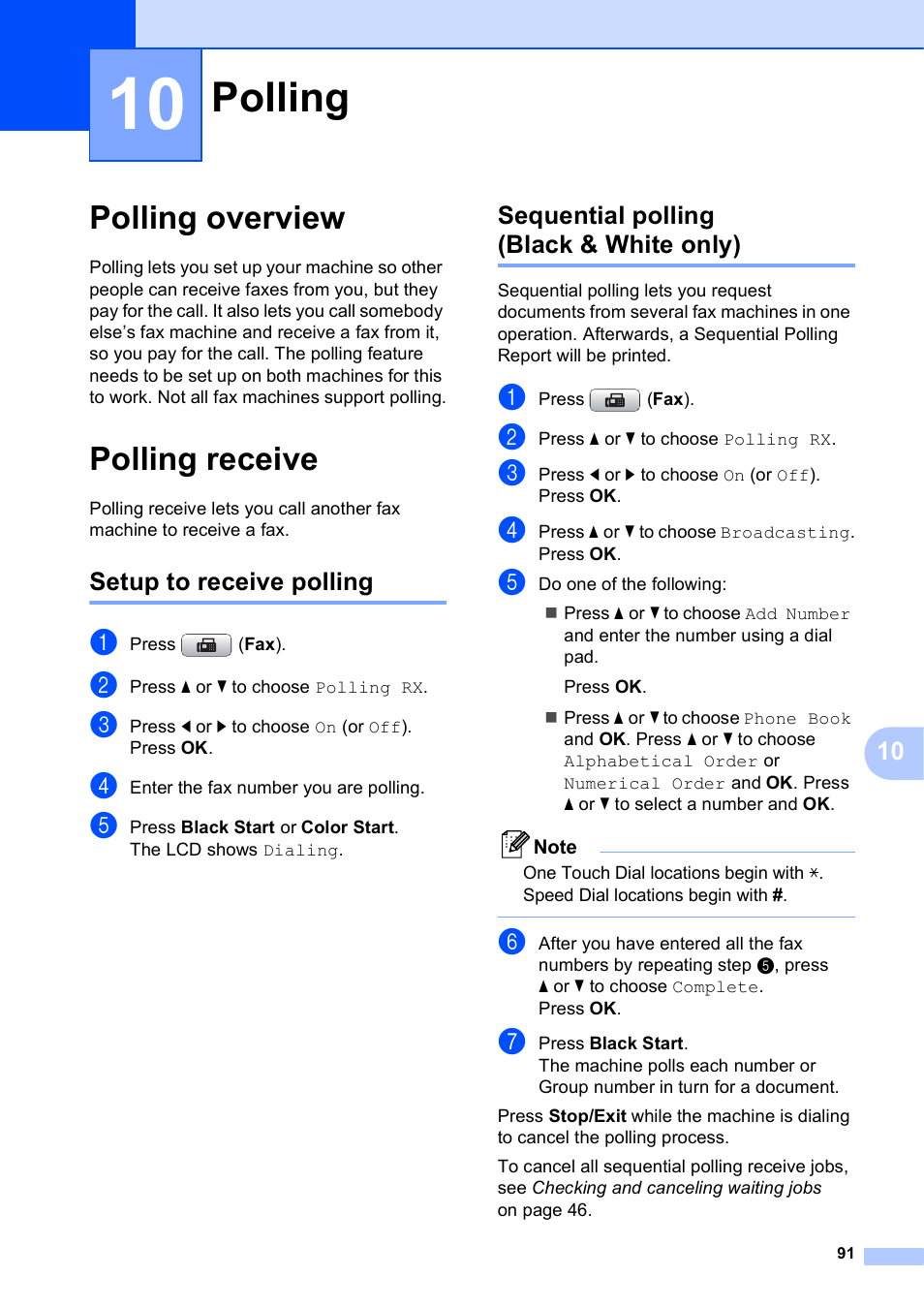 10 polling, Polling overview, Polling receive | Setup to receive polling, Sequential polling (black & white only), Polling, Polling overview polling receive | Brother MFC-5895CW User Manual | Page 107 / 247