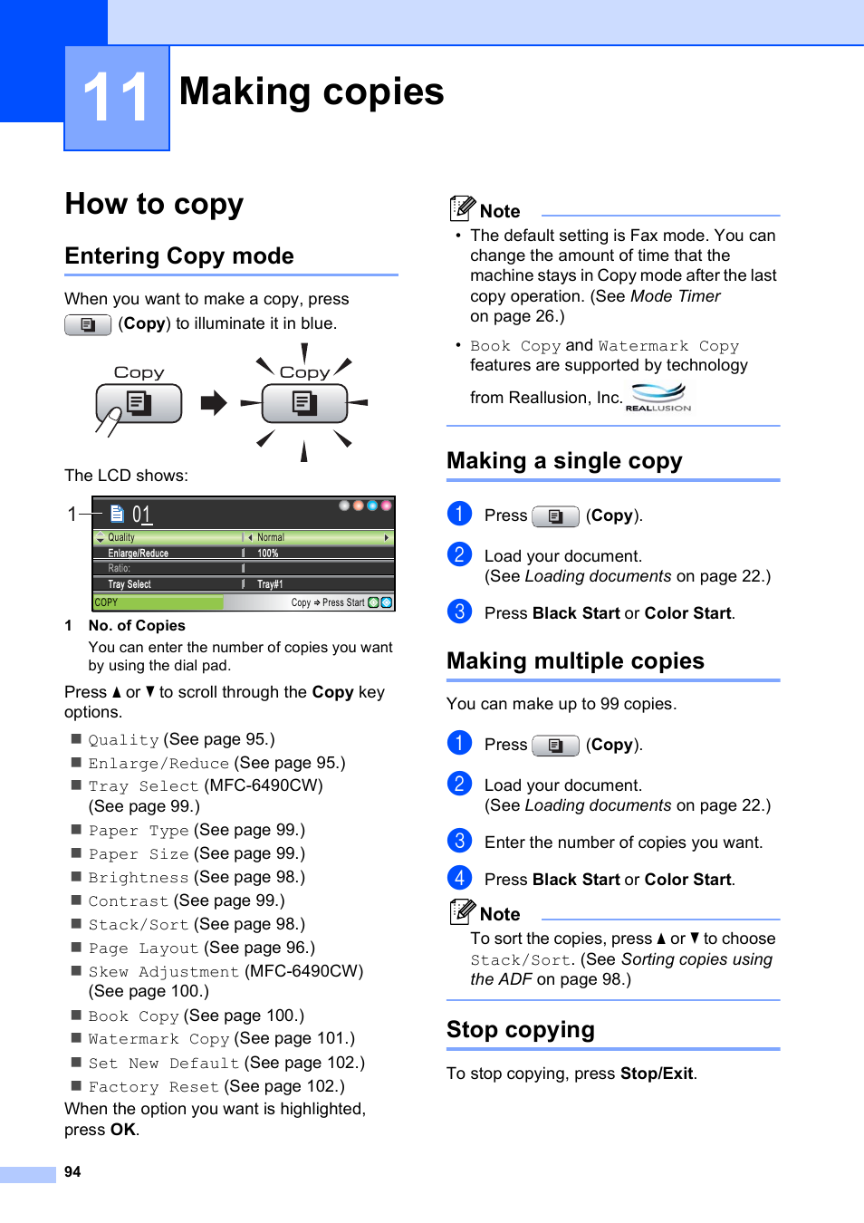 11 making copies, How to copy, Entering copy mode | Making a single copy, Making multiple copies, Stop copying, Making copies | Brother MFC-5895CW User Manual | Page 110 / 247