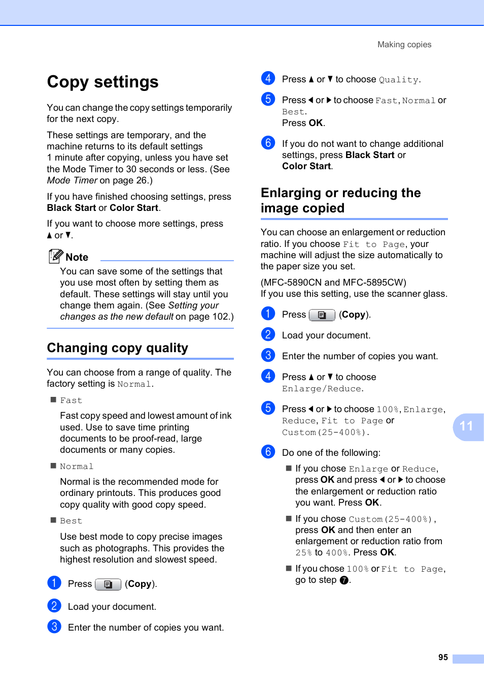 Copy settings, Changing copy quality, Enlarging or reducing the image copied | Brother MFC-5895CW User Manual | Page 111 / 247