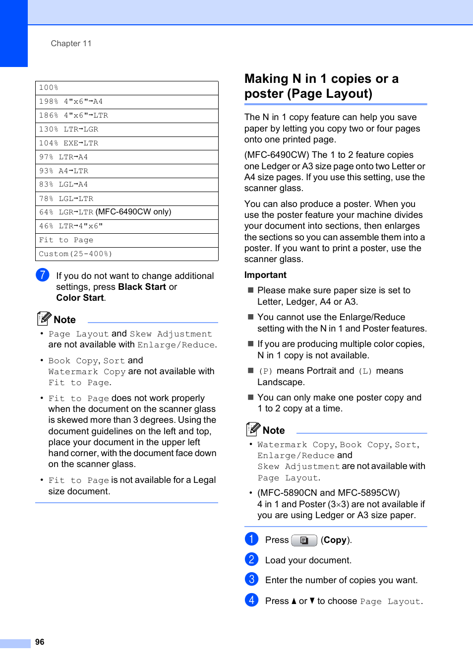 Making n in 1 copies or a poster (page layout) | Brother MFC-5895CW User Manual | Page 112 / 247