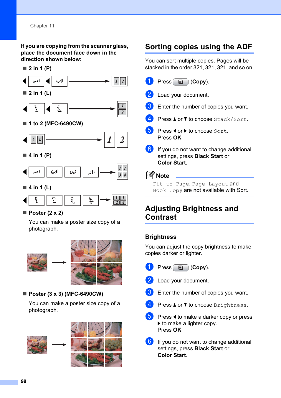 Sorting copies using the adf, Adjusting brightness and contrast, Brightness | Brother MFC-5895CW User Manual | Page 114 / 247