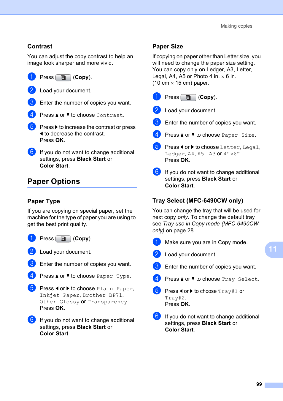 Contrast, Paper options, Paper type | Paper size, Tray select (mfc-6490cw only) | Brother MFC-5895CW User Manual | Page 115 / 247