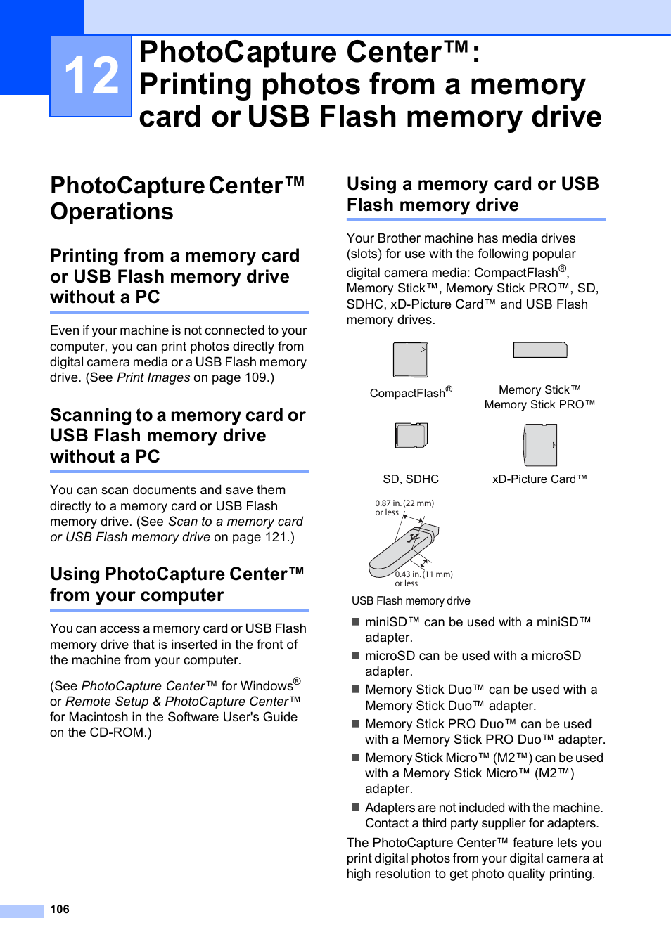 Photocapture center™ operations, Using photocapture center™ from your computer, Using a memory card or usb flash memory drive | Brother MFC-5895CW User Manual | Page 122 / 247