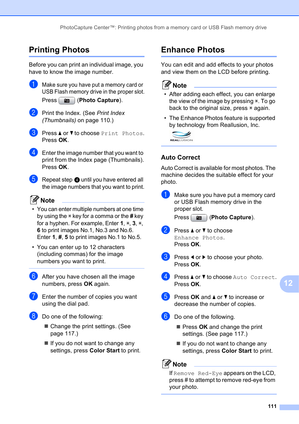 Printing photos, Enhance photos, Auto correct | Printing photos enhance photos, 12 printing photos | Brother MFC-5895CW User Manual | Page 127 / 247