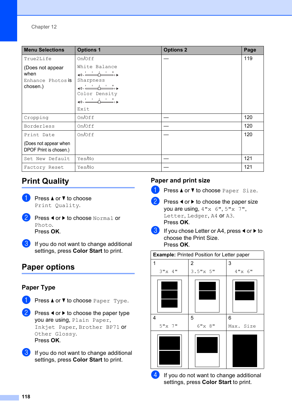 Print quality, Paper options, Paper type | Paper and print size, Print quality paper options | Brother MFC-5895CW User Manual | Page 134 / 247