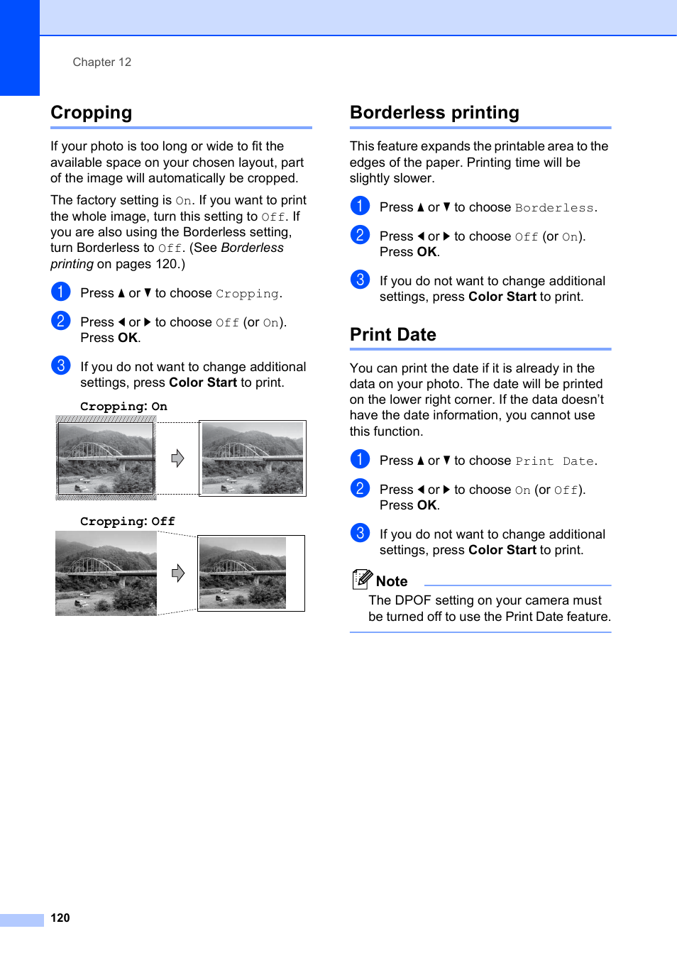 Cropping, Borderless printing, Print date | Cropping borderless printing print date | Brother MFC-5895CW User Manual | Page 136 / 247