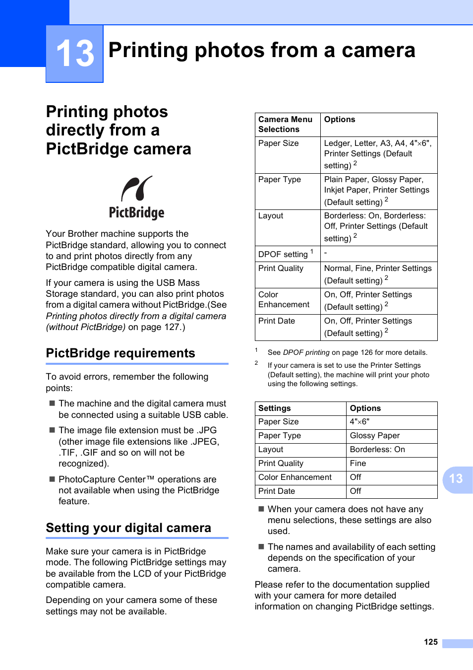 13 printing photos from a camera, Printing photos directly from a pictbridge camera, Pictbridge requirements | Setting your digital camera, Printing photos from a camera | Brother MFC-5895CW User Manual | Page 141 / 247