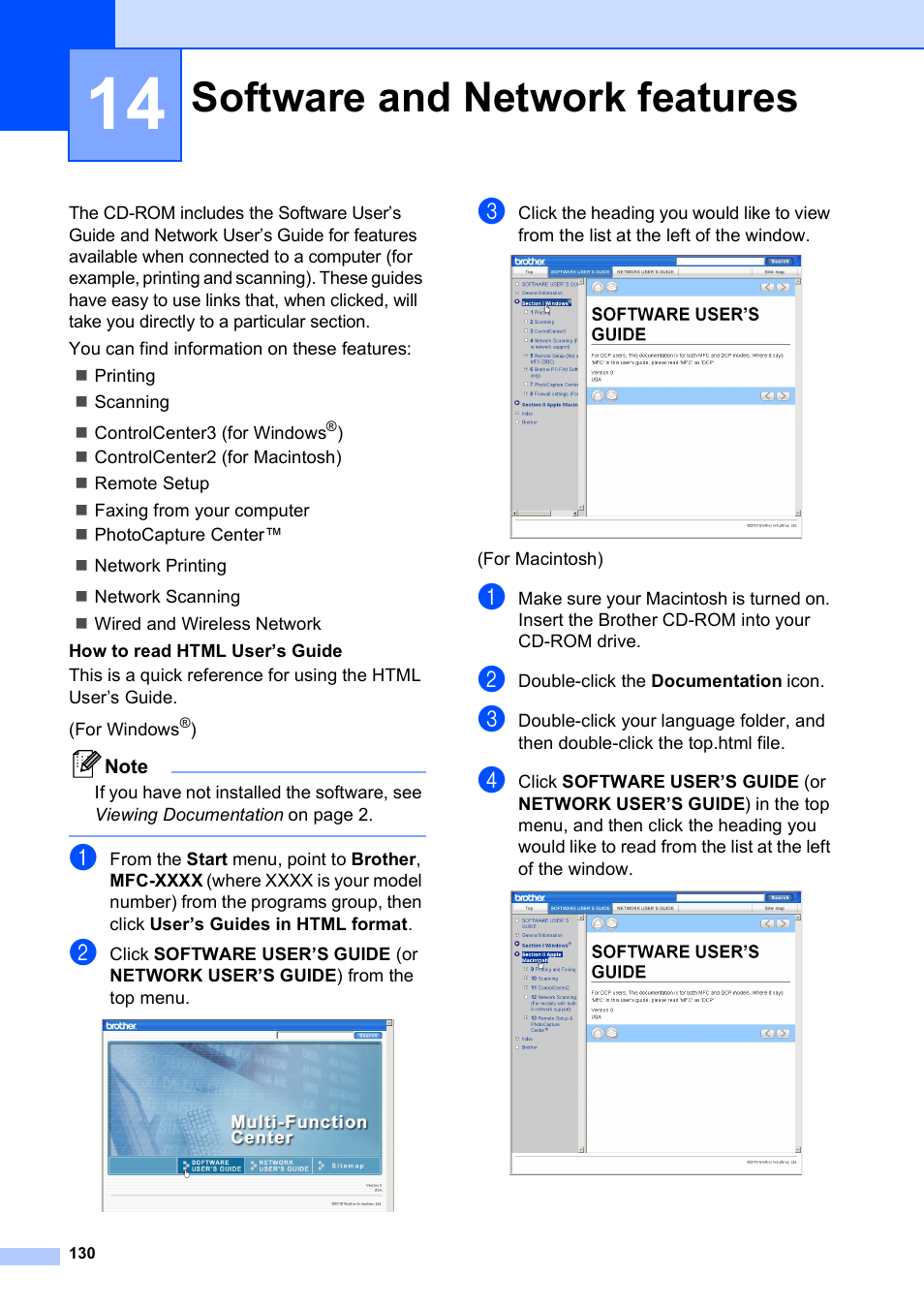 14 software and network features, Software and network features | Brother MFC-5895CW User Manual | Page 146 / 247
