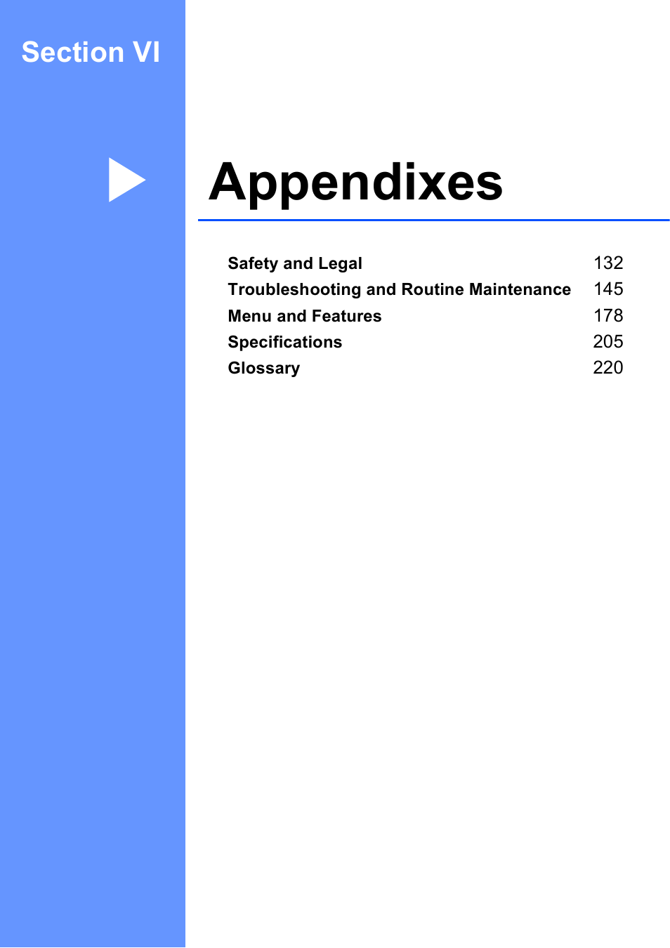 Section vi: appendixes, Section vi appendixes, Appendixes | Brother MFC-5895CW User Manual | Page 147 / 247