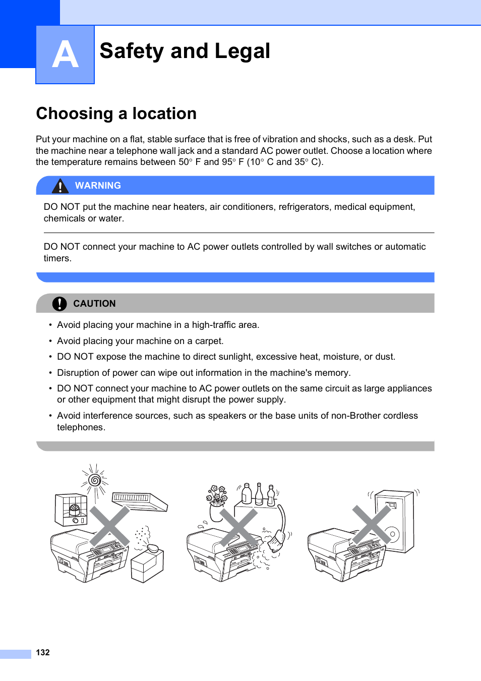A safety and legal, Choosing a location, Safety and legal | Brother MFC-5895CW User Manual | Page 148 / 247