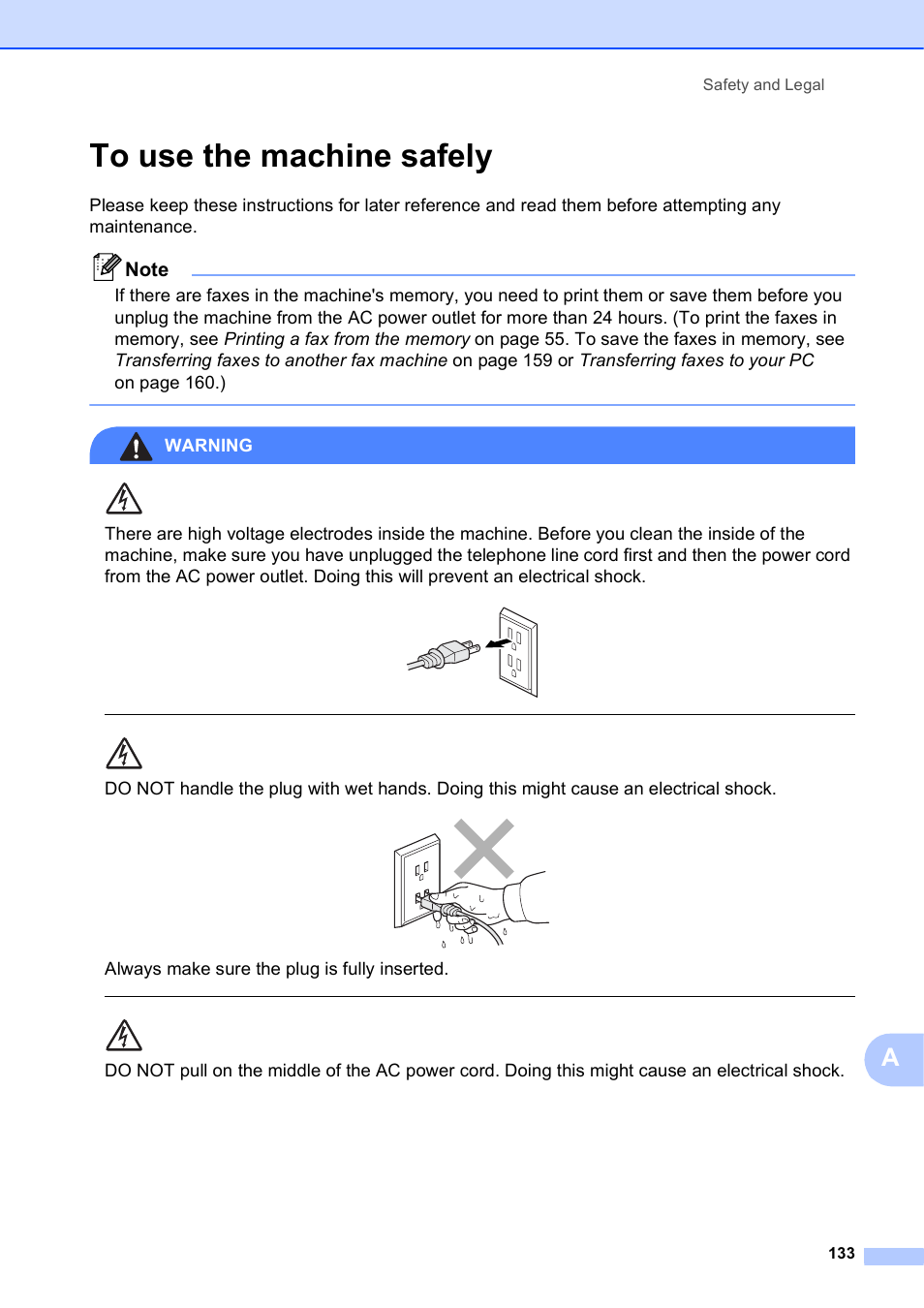 To use the machine safely, Warning, Always make sure the plug is fully inserted | Safety and legal 133 | Brother MFC-5895CW User Manual | Page 149 / 247