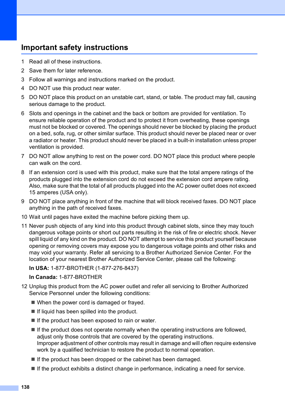 Important safety instructions | Brother MFC-5895CW User Manual | Page 154 / 247