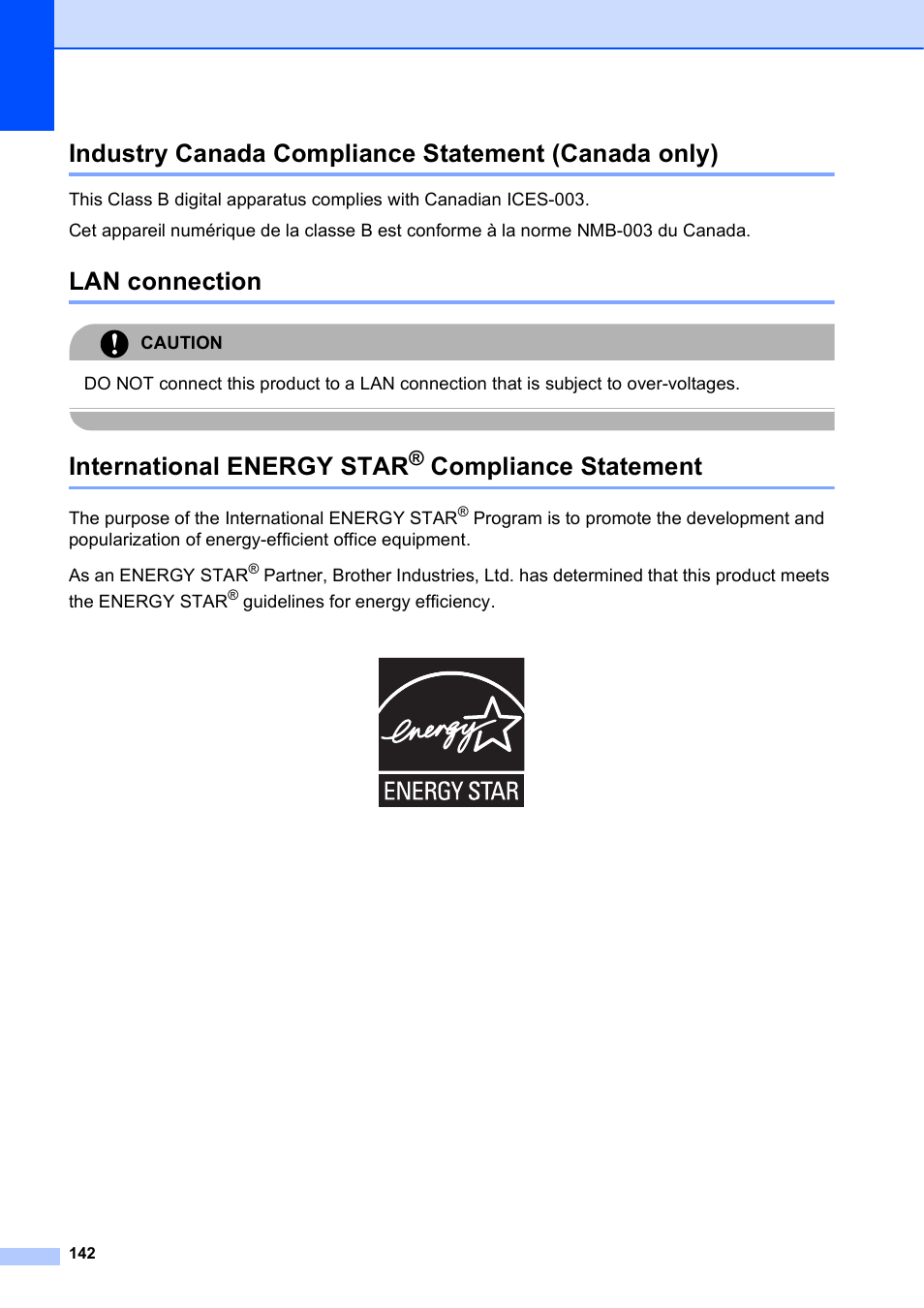 Industry canada compliance statement (canada only), Lan connection, International energy star® compliance statement | Compliance statement, International energy star | Brother MFC-5895CW User Manual | Page 158 / 247