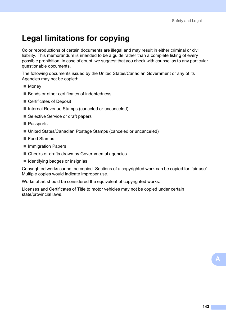 Legal limitations for copying | Brother MFC-5895CW User Manual | Page 159 / 247