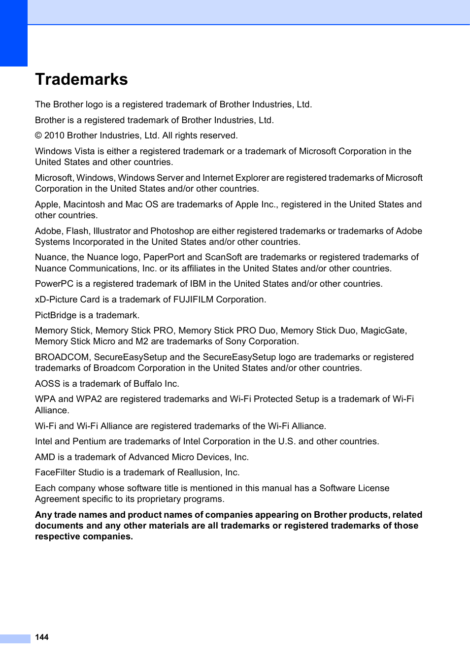 Trademarks | Brother MFC-5895CW User Manual | Page 160 / 247