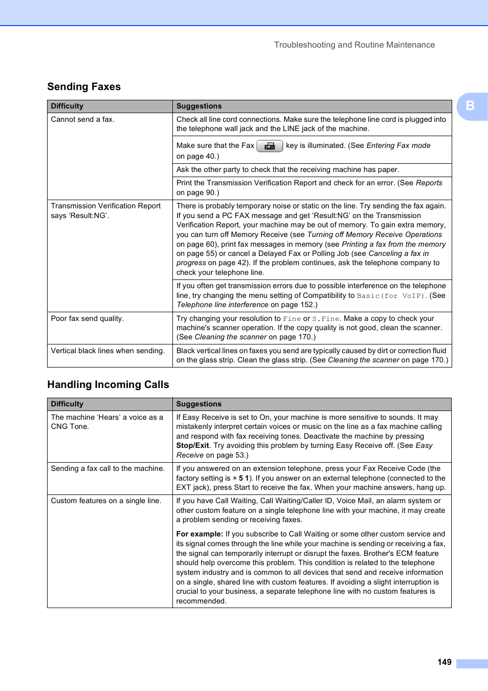 Sending faxes, Handling incoming calls | Brother MFC-5895CW User Manual | Page 165 / 247
