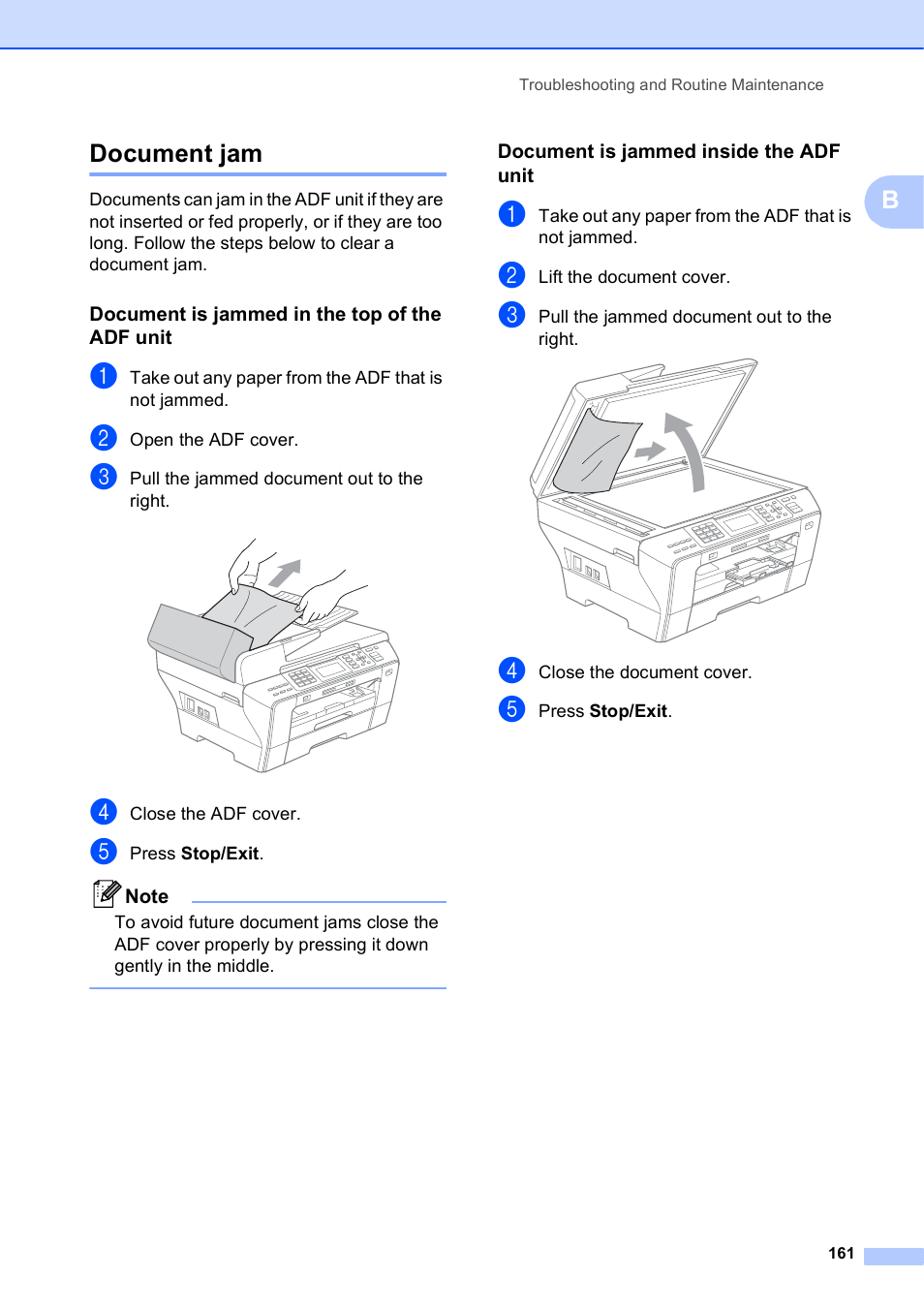 Document jam, Document is jammed in the top of the adf unit, Document is jammed inside the adf unit | Bdocument jam | Brother MFC-5895CW User Manual | Page 177 / 247