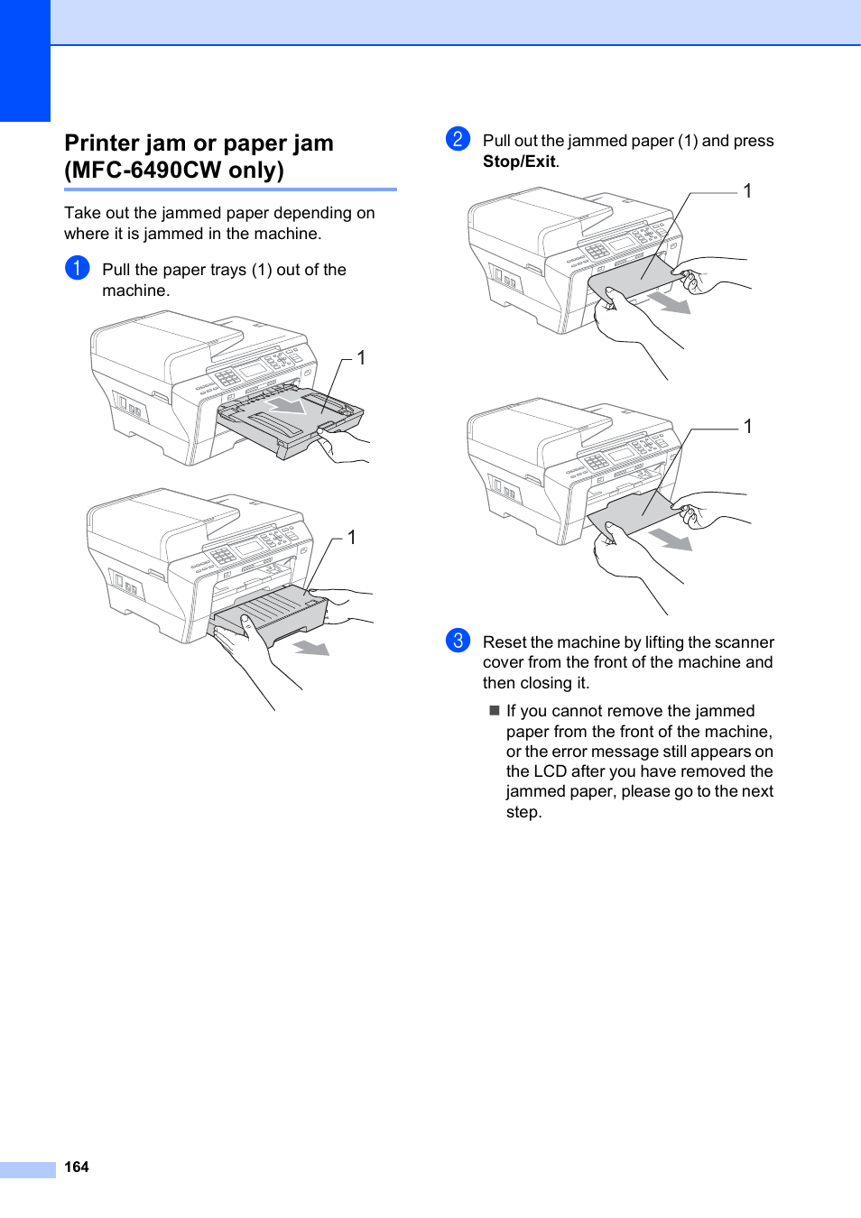 Printer jam or paper jam (mfc-6490cw only) | Brother MFC-5895CW User Manual | Page 180 / 247