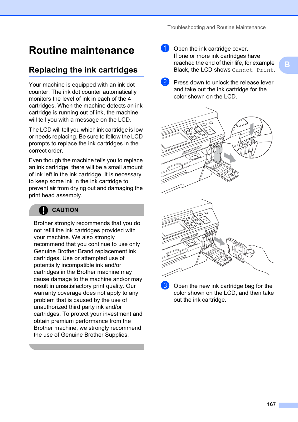 Routine maintenance, Replacing the ink cartridges | Brother MFC-5895CW User Manual | Page 183 / 247