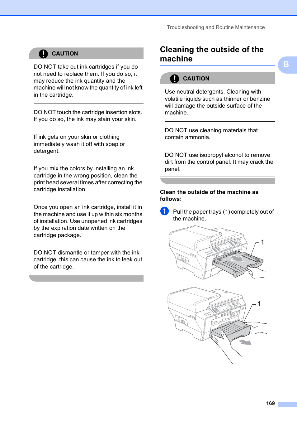 Cleaning the outside of the machine, Caution, Do not use cleaning materials that contain ammonia | Clean the outside of the machine as follows, Troubleshooting and routine maintenance 169 | Brother MFC-5895CW User Manual | Page 185 / 247