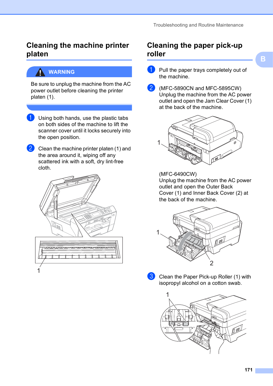 Cleaning the machine printer platen, Cleaning the paper pick-up roller, Bcleaning the machine printer platen | Brother MFC-5895CW User Manual | Page 187 / 247