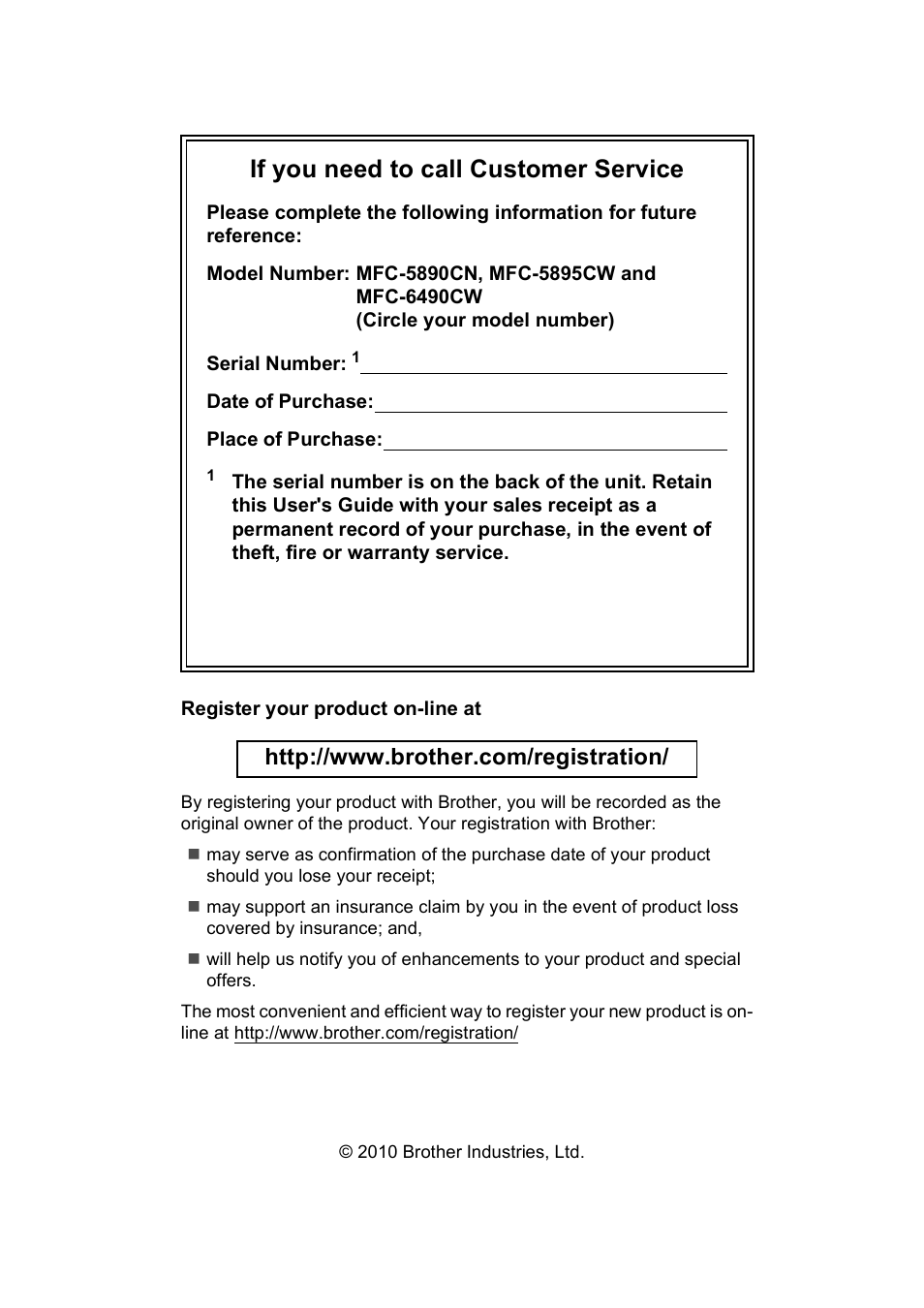 If you need to call customer service | Brother MFC-5895CW User Manual | Page 2 / 247