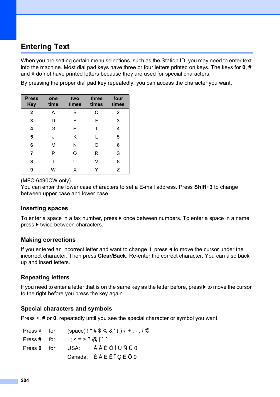 Entering text, Inserting spaces, Making corrections | Repeating letters, Special characters and symbols | Brother MFC-5895CW User Manual | Page 220 / 247