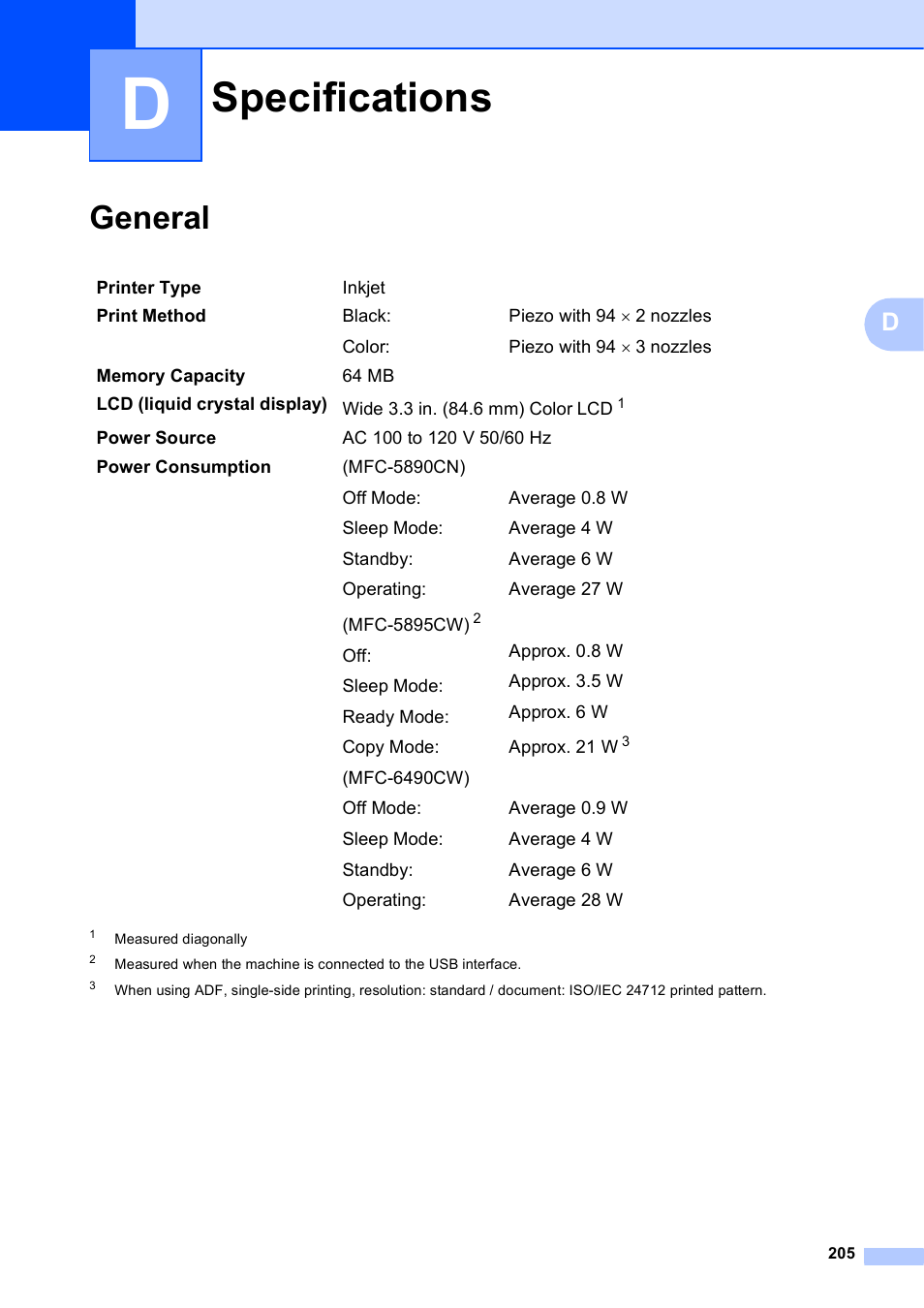 D specifications, General, Specifications | Brother MFC-5895CW User Manual | Page 221 / 247