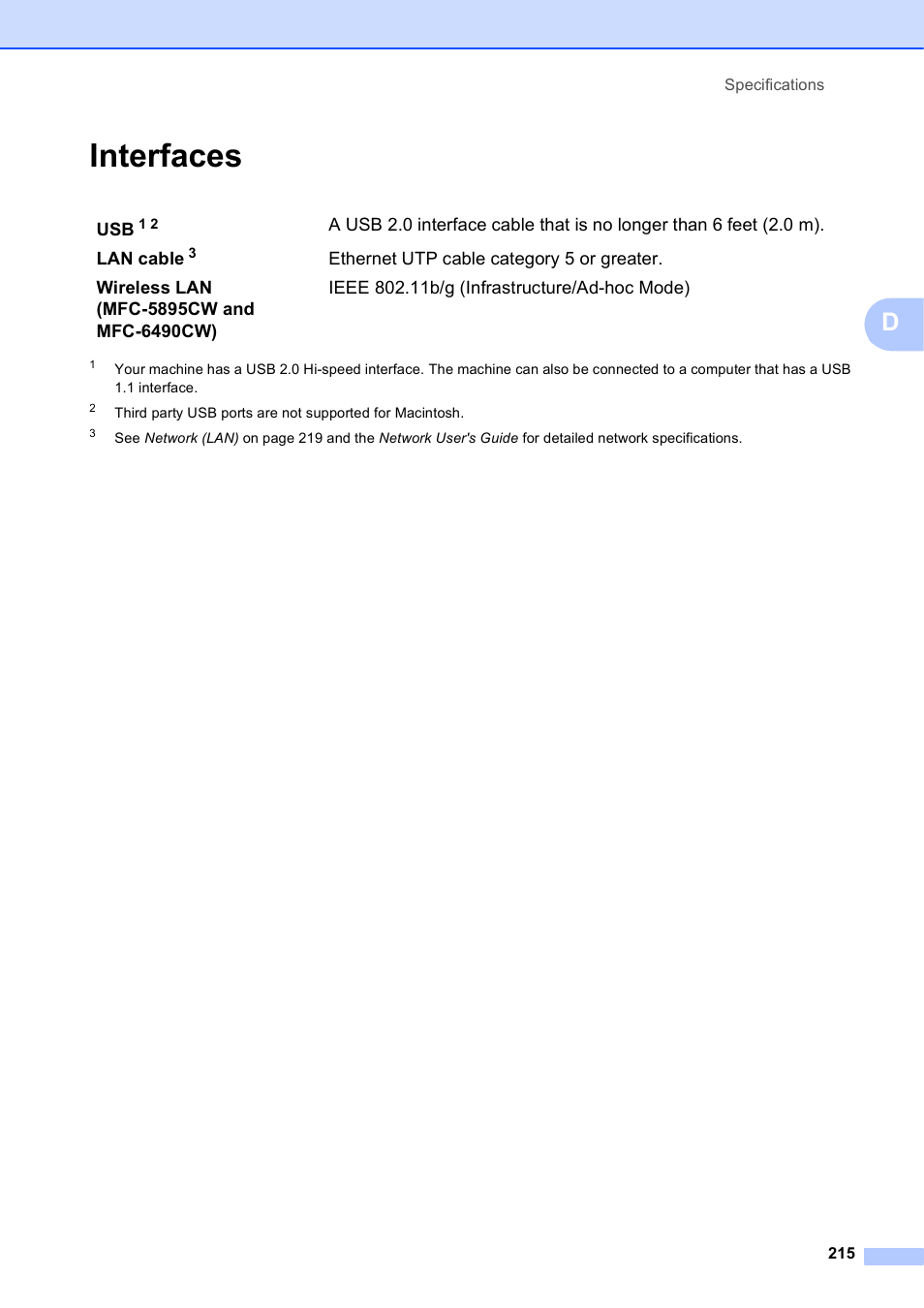 Interfaces | Brother MFC-5895CW User Manual | Page 231 / 247