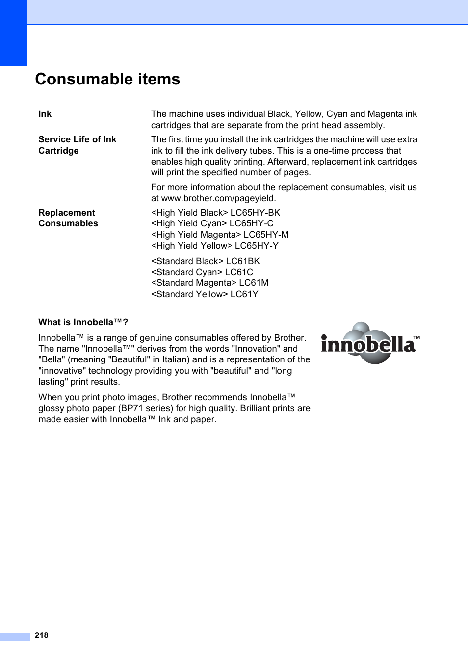 Consumable items | Brother MFC-5895CW User Manual | Page 234 / 247