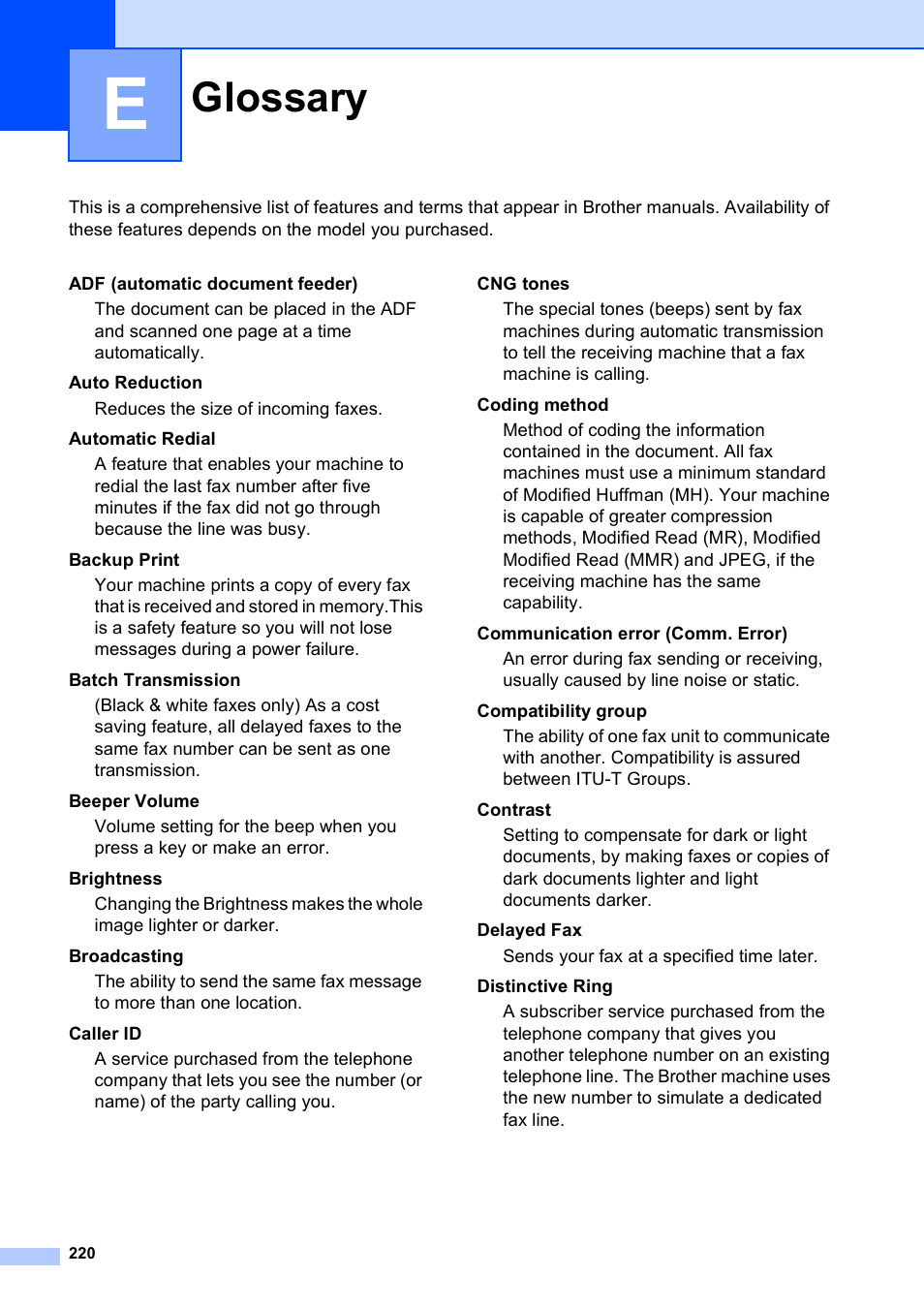 E glossary, Glossary | Brother MFC-5895CW User Manual | Page 236 / 247