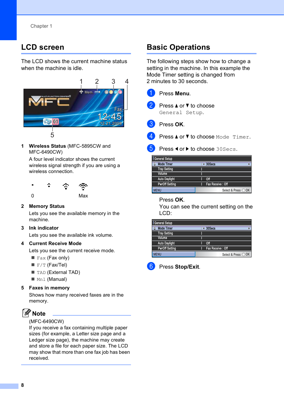 Lcd screen, Basic operations, Lcd screen basic operations | Brother MFC-5895CW User Manual | Page 24 / 247