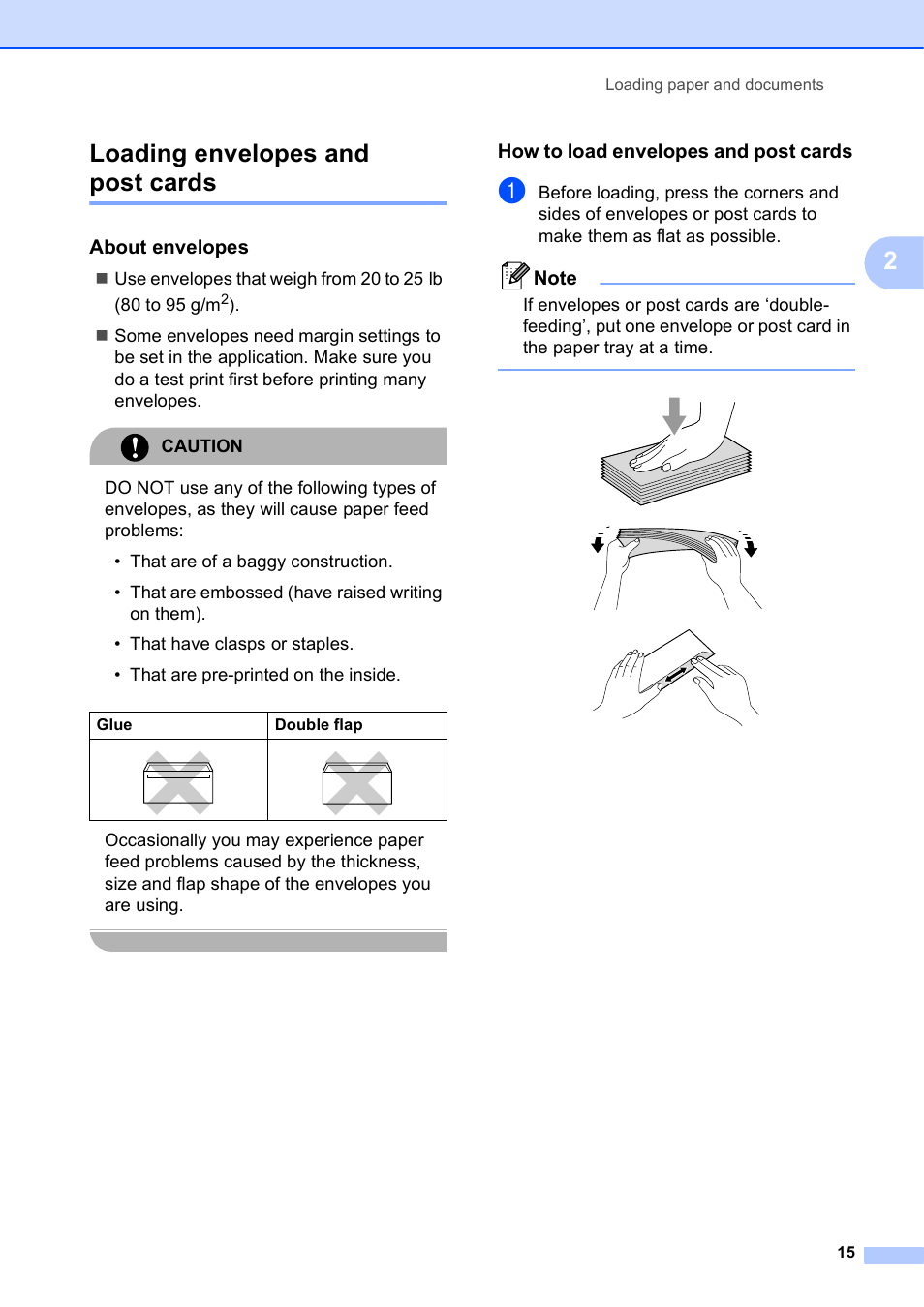 Loading envelopes and post cards, About envelopes, How to load envelopes and post cards | 2loading envelopes and post cards | Brother MFC-5895CW User Manual | Page 31 / 247