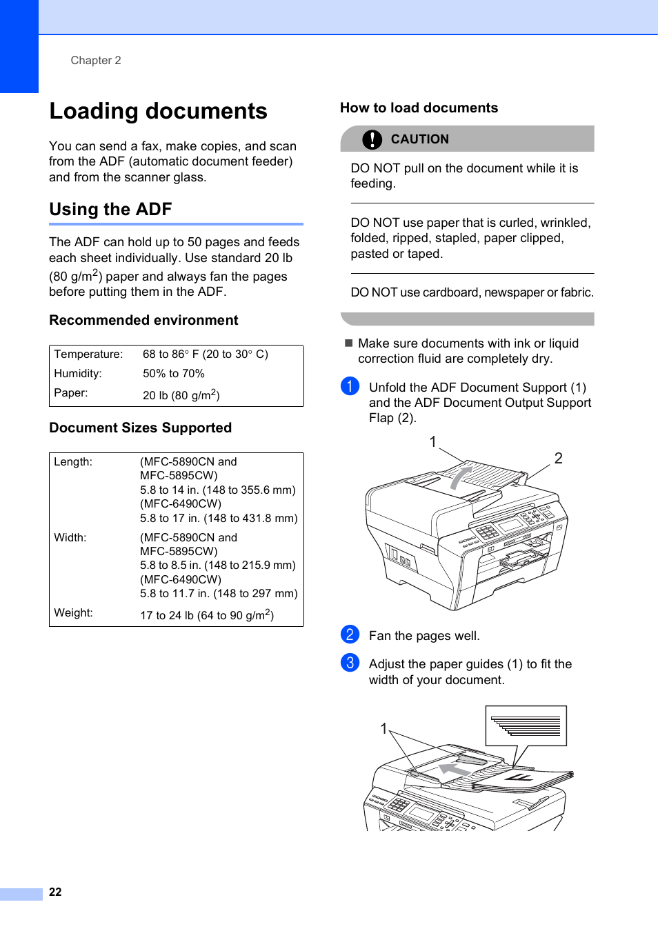 Loading documents, Using the adf, Recommended environment | Document sizes supported, How to load documents | Brother MFC-5895CW User Manual | Page 38 / 247