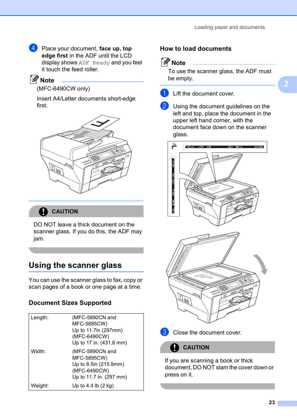Using the scanner glass, Document sizes supported, How to load documents | Brother MFC-5895CW User Manual | Page 39 / 247