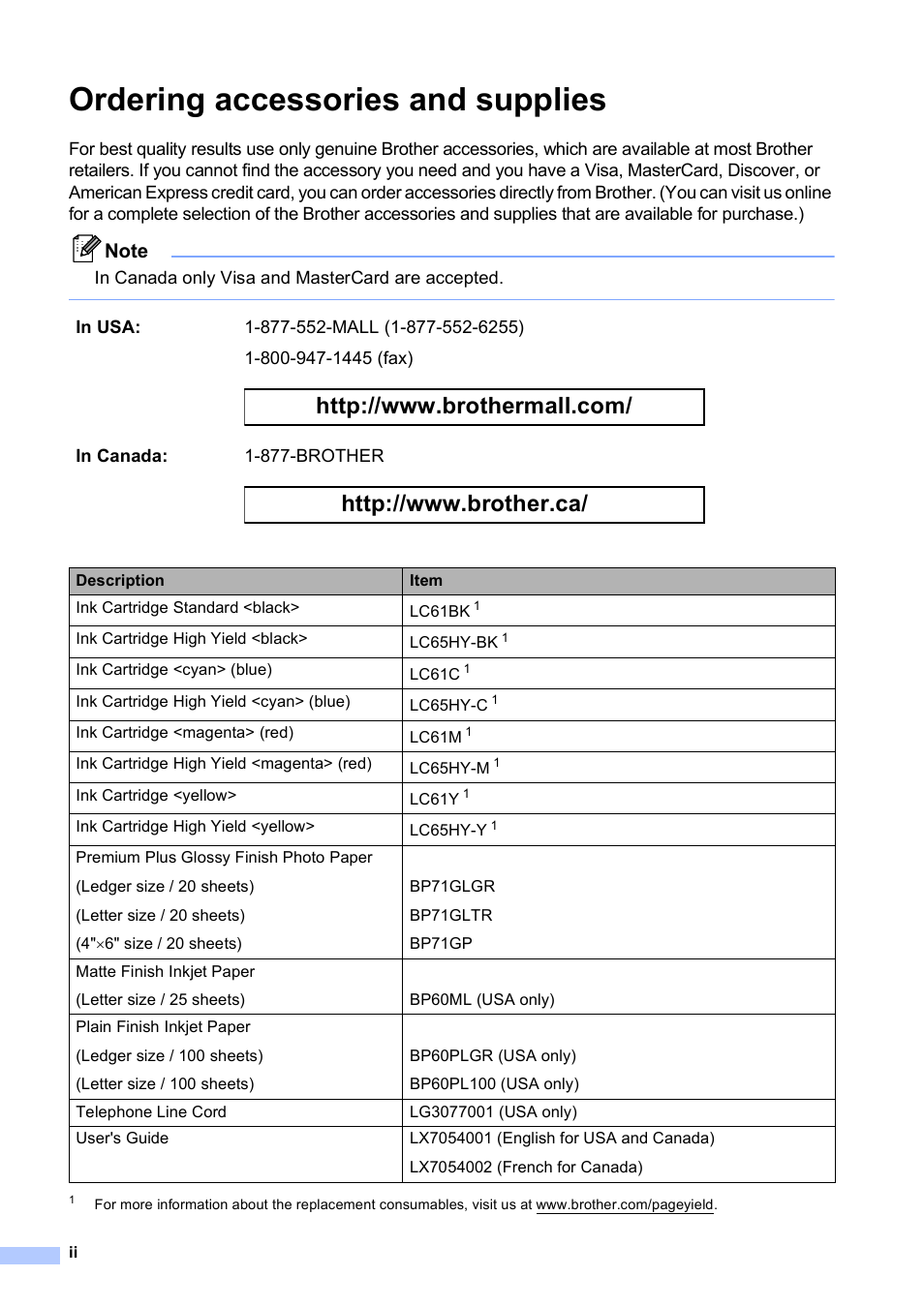 Ordering accessories and supplies | Brother MFC-5895CW User Manual | Page 4 / 247