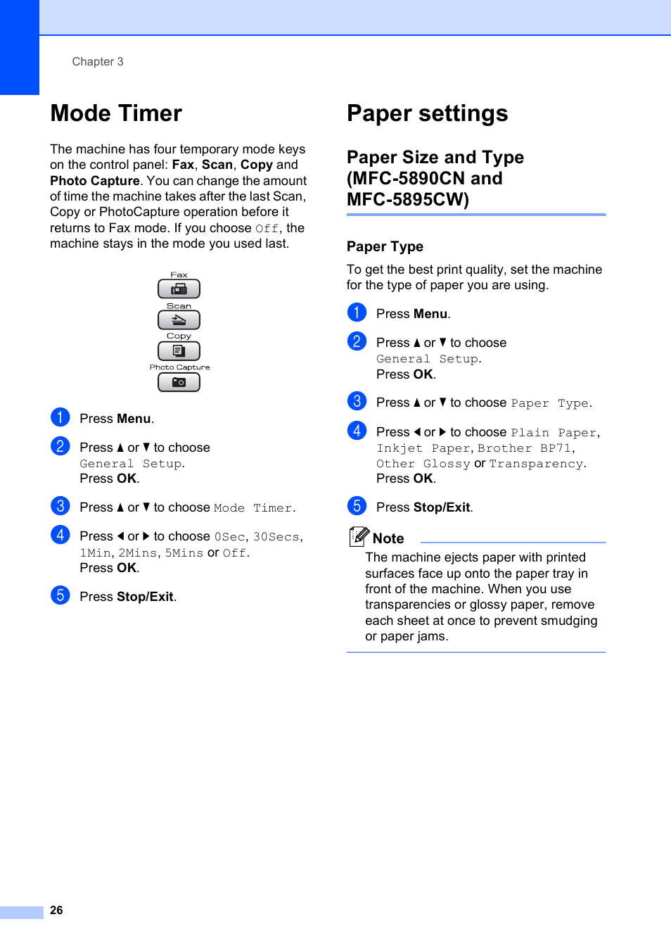 Mode timer, Paper settings, Paper size and type (mfc-5890cn and mfc-5895cw) | Paper type, Mode timer paper settings | Brother MFC-5895CW User Manual | Page 42 / 247