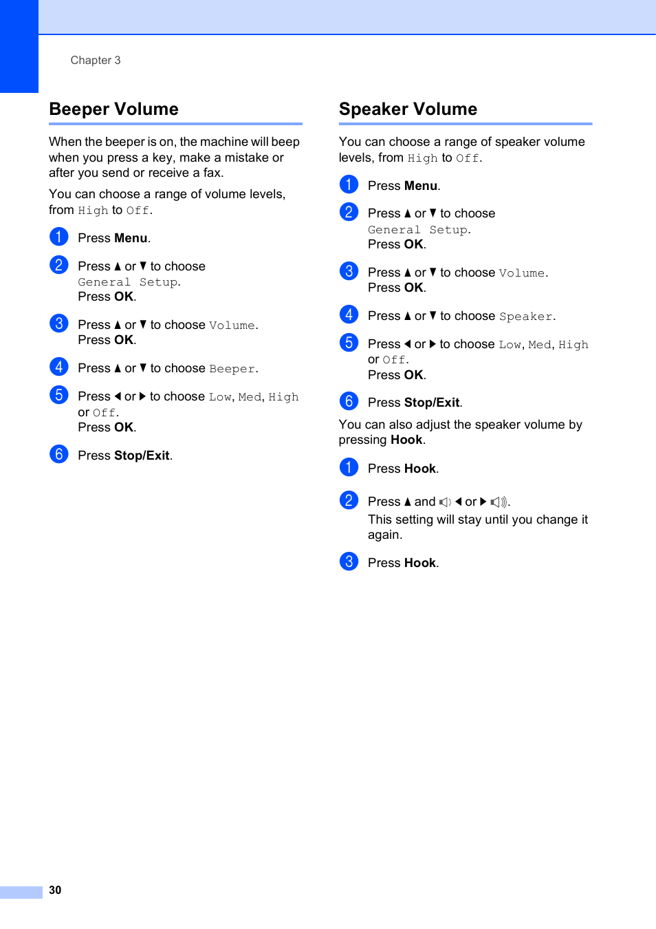 Beeper volume, Speaker volume, Beeper volume speaker volume | Brother MFC-5895CW User Manual | Page 46 / 247