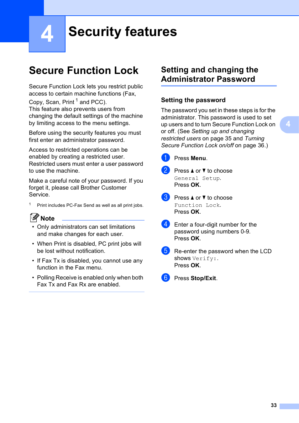 4 security features, Secure function lock, Setting and changing the administrator password | Setting the password, Security features | Brother MFC-5895CW User Manual | Page 49 / 247